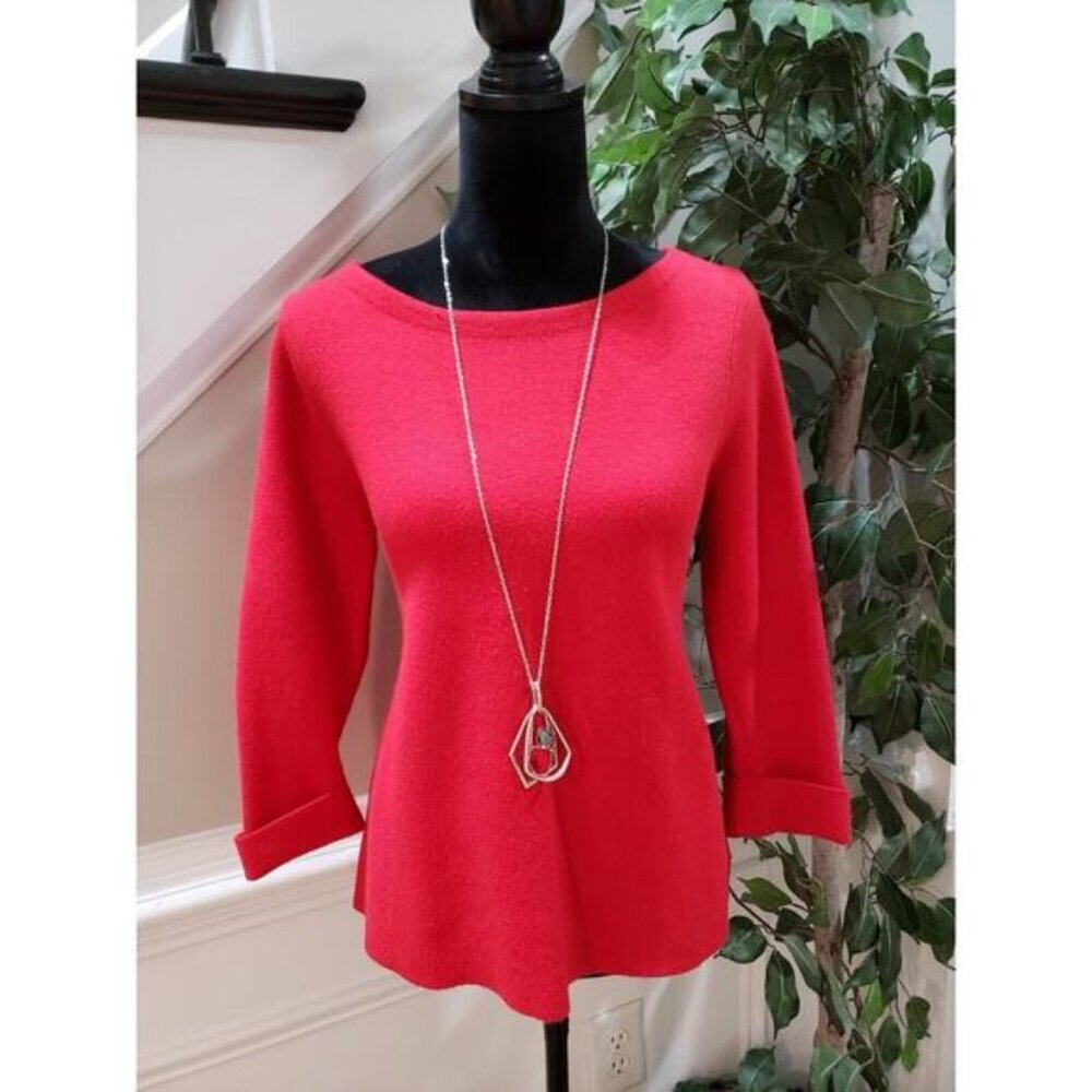 Tahari Women Red Fleece Viscose Back Zip Round Neck Long Sleeve Sweater Medium